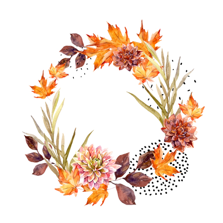 Autumn watercolor wreath on splash background with flowers, leaves, doted circles. Hand drawn falling leaf, doodle, water color, scribble textures for fall design. Watercolour art illustrationの写真素材