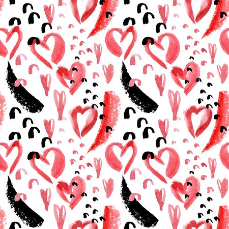Art seamless pattern with watercolor red hearts, rough brush strokes, doodles on white background....