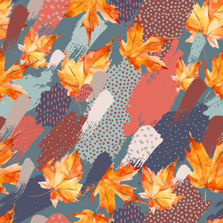 Autumn watercolor leaves and colored splatters with doodles on grey background. Hand drawn falling leaves, with scribble textures for fall design. Watercolour art illustrationの写真素材