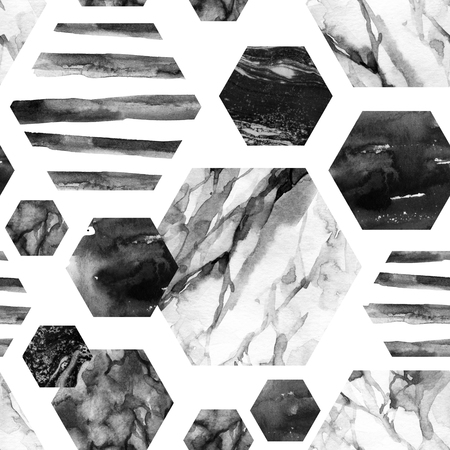 Abstract geometric seamless pattern on white background. Watercolor hexagon with stripes, water color marble, grained, grunge, paper textures. Hand painted natural illustrationの写真素材