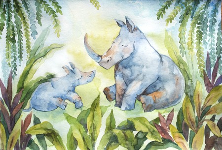Watercolor rhino family. Cute little rhinoceros with his mom on tropical landscape background. Rhino mother with cub, animal characters. Watercolor nursery illustration. Hand painted childish artの写真素材
