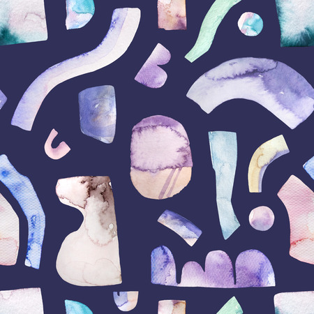 Abstract watercolor background with hipster, bauhaus, minimal elements. Art design in purple, lavender retro colors. Hand painted geometric illustrationの写真素材