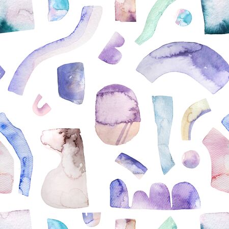 Abstract watercolor background with hipster, bauhaus, minimal elements. Art design in purple, lavender retro colors. Hand painted geometric illustrationの写真素材