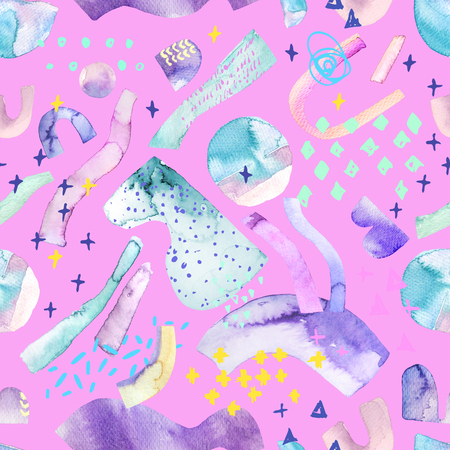 Bright background: abstract shapes, drawing of doodle geometric minimal elements. Hand painted watercolor illustration in 70s 80s 90s style. Cool pattern for art design in hipster, pop art styleの写真素材