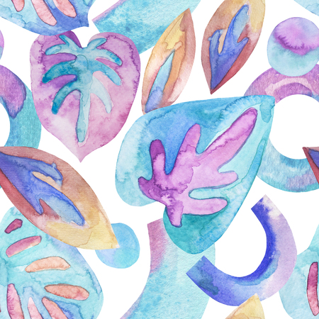 Decorative background of tropical leaves, abstract geometric shapes, curves, lines with watercolor textures. Hand painted natural illustration. Creative seamless pattern for modern summer designの写真素材