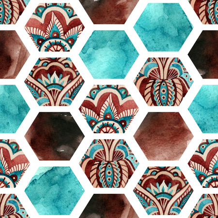 Abstract geometric seamless pattern on white background. Watercolor hexagon with water color paper textures and paisley ornament. Hand painted natural illustrationの写真素材