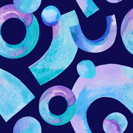Simple watercolor geometric shapes on dark background. Colorful bend art elements seamless pattern in trendy colors. Hand painted abstract illustration for cover, fabric, wrapping in modern designの写真素材