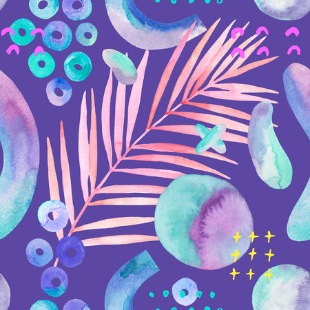 Colorful tropical leaf background with brush stroke drawings, abstract geometric shapes, curves, lines. Hand painted natural illustration for pop art, 80s 90s, hipster style. Creative seamless patternの写真素材