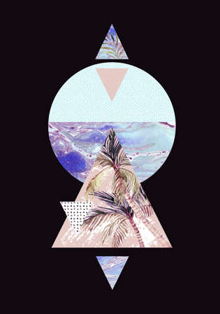 Abstract summer background. Triangle, circle, watercolor palm tree, leaf, marble grunge textures....