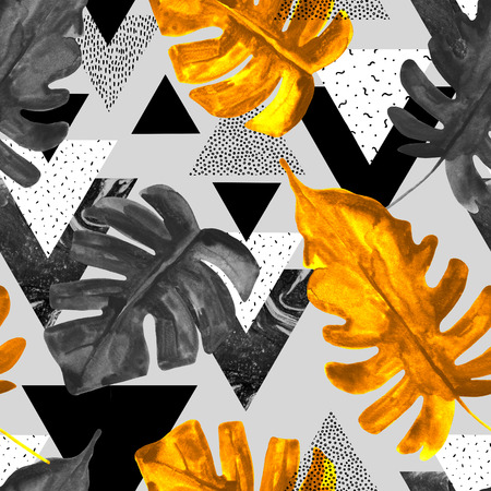 Modern natural, geometric seamless pattern. Triangles with watercolor leaves, marbling, doodle, grunge textures. Triangle tropical leaf background in monochrome golden colors Hand drawn illustrationの写真素材