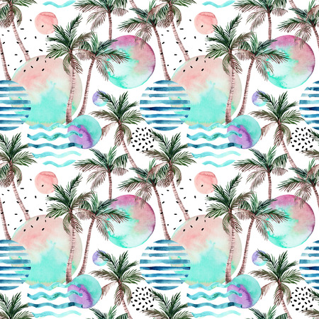 Abstract seamless pattern of watercolor round stains, wavy stripes, dots circle, palm trees. Hand drawn geometrical, tropical, doodle elements background in graphic style. Watercolor art illustrationの写真素材