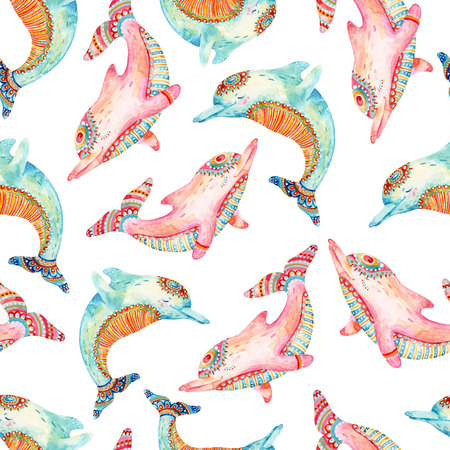 Watercolor lovely dolphins seamless pattern on white background. Childish animals in cartoon style. Hand painted cute illustration for design of fabric, wrapping paper, scrapbooking etcの写真素材
