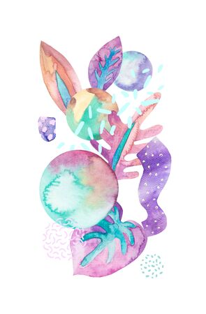 Art watercolor background. Hand painted tropical decorative leaves, doodle textures, geometrical shapes in hipster, minimal style. Trendy illustration with floral and geometric elementsの写真素材