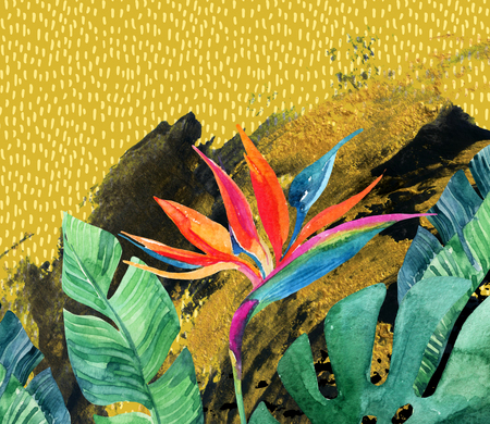 Abstract tropical summer design. Watercolor exotic flowers, leaves, grunge textures, brush strokes, doodles. Watercolour background with 80s 90s elements in golden colors Hand painted art illustrationの写真素材