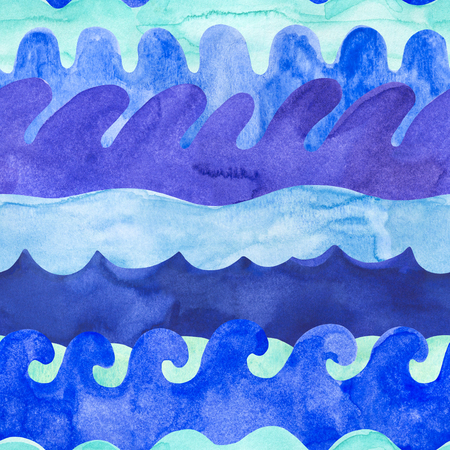 Watercolor waves seamless pattern. Marine background with decorative water curves, greek style ornament. Sea flow illustrationの写真素材
