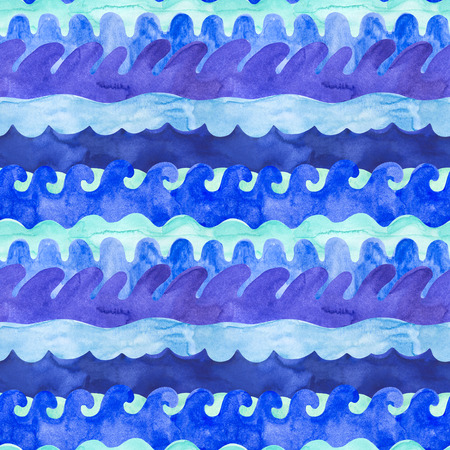 Watercolor waves seamless pattern. Marine background with decorative water curves, greek style ornament. Sea flow illustrationの写真素材