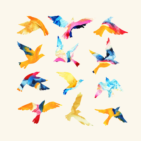Artistic watercolor flying bird silhouettes filled with mabling textures, fluid bright colors, isolated on white background. Hand drawn animal illustration for modern designの写真素材