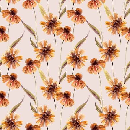 Abstract floral seamless pattern. Watercolor chamomile flowers, leaves background. Hand painted autumn illustration for fabric, textile, wrapping designの写真素材