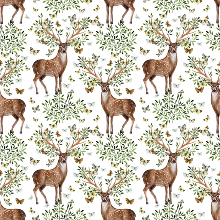 Hand painted watercolor deer antlers with leafs, branches, butterfly on white background. Animal art illustration for invitation, wedding, greeting cards. Wildlife seamless pattern for hipster designの写真素材