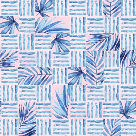 Watercolor simple seamless pattern. Blocks of tropical leaves and lines background. Hand painted geometric illustration of blue palm leaf and brush strokes with water color, grunge, paper texturesの写真素材