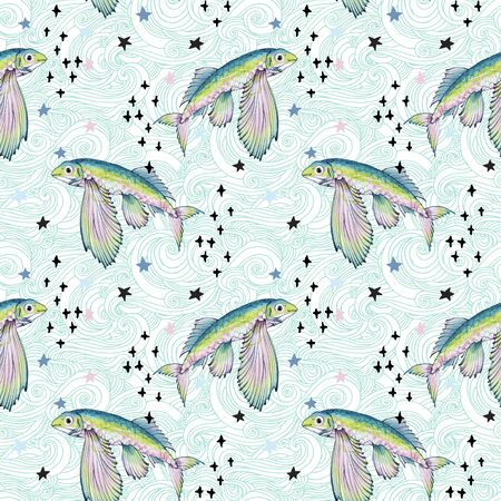 Modern digital illustration in cute marine style. Colorful flying fish, waves, stars, doodles seamless pattern. Abstract art background for childish nursery designの写真素材