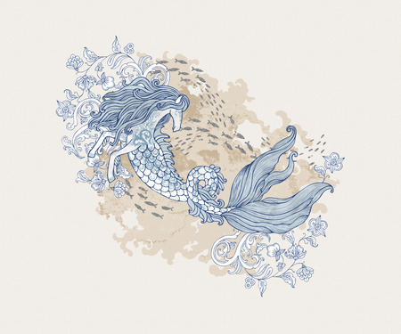 Hand drawn kelpie with baroque antique elements, flowers, fishes, coral reefs. Artistic sea ocean fantastic creature on grunge textured background. Art illustration for modern designの写真素材