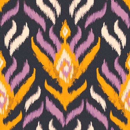 Ikat textile seamless pattern. Watercolor ethnic motifs: stripes, rhombus, flower ornament. Ink...