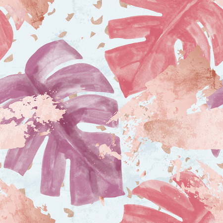 Watercolor monochrome monstera leaves, glittering dots, rough textured brush strokes background. Watercolor, rose gold glitter, grunge textures seamless pattern. Hand painted tropical art illustrationの写真素材