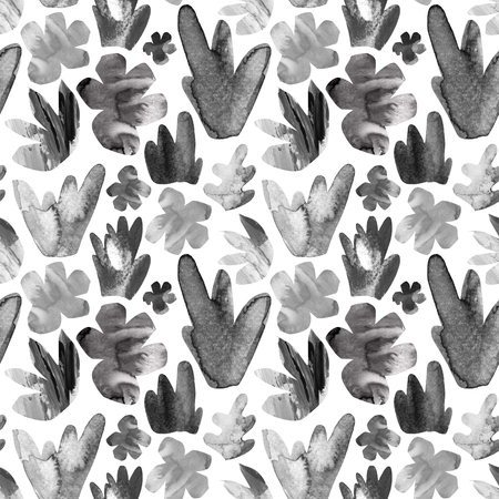 Abstract decorative cutout flower, leaves seamless pattern. Watercolor textured floral shapes background for creative surface design. Hand painted art illustration in black monochrome colorsの写真素材