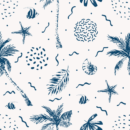 Nautical seamless pattern. Hand drawn summer beach background: palm trees, palm leaves, nautilus...