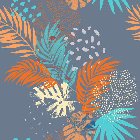 Art illustration: rough grunge tropical leaves filled with marble texture, doodle elements background. Abstract palm, monstera leaf, vector seamless pattern. Hand drawn designのイラスト素材