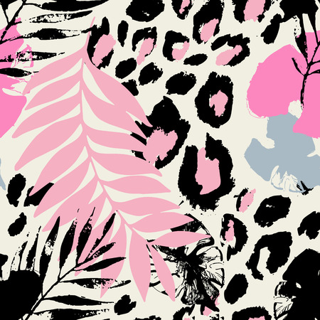 Abstract tropical floral seamless pattern with palm, monstera leaves, animal skin print. Creative artistic background. Digital vector art for surface design, fabric, gift wrapping, wallpaperのイラスト素材