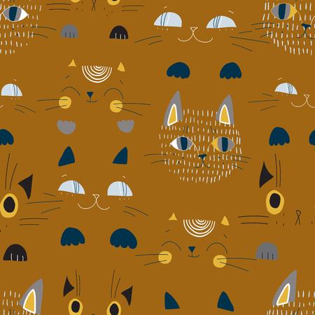 Cute cats muzzles seamless pattern. Artistic nursery background. Childish vector illustration for kids design, fabric, wrapping, textile, scrapbooking etcのイラスト素材