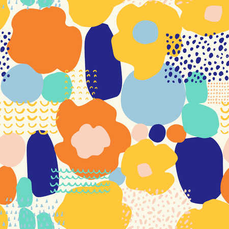 Creative paper cutand doodles seamless pattern. Art background with different geometrical and floral shapes. Artistic vector collage in bright retro colorsのイラスト素材