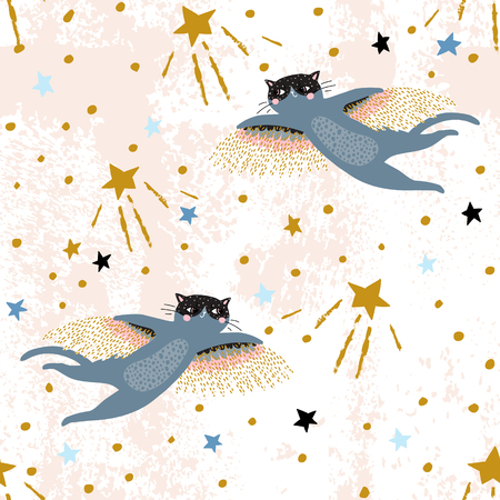 Cartoon cosmic background: cute planets, moon, shooting stars, galaxy, milky way. Cosmos art illustration filld with grunge, doodle, scrabble textures. Kids design for nursery, textile, scrapbookingのイラスト素材