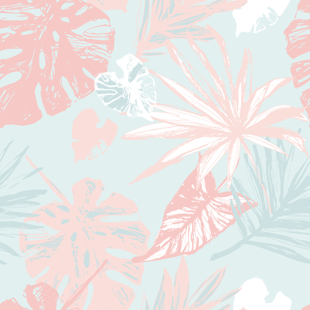 Line art. Hand drawn grunge textured tropical leaves seamless pattern. Tropical leaf silhouettes background. Palm, fan palm, monstera, banana leaf in retro style. Vector illustration for summer designのイラスト素材