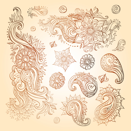 Floral paisley elements set. Henna tattoo design. Traditional elements for ornament or fabric in vintage persian, indian, boho styles. Hand drawn vector illustrationのイラスト素材