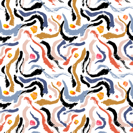 Abstract colorful ink brush strokes background. Rough watercolor textured curved strokes, paint smears, bent stripes. Art surface design with grunge effect. Hand painted chaotic lines illustrationの写真素材