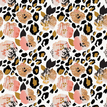 Abstract floral seamless pattern: flowers with zebra stripes, leopard skin print, watercolor texture. Creative artistic background. Digital art for surface design, fabric, gift wrapping, wallpaperの写真素材
