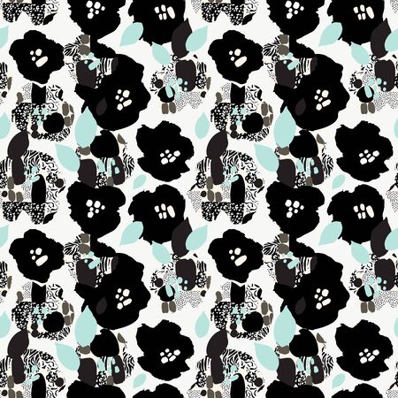 Abstract floral seamless pattern with flowers in black, white and pastel colors. Creative artistic collage background. Digital art for surface design, fabric, gift wrapping, wallpaperの写真素材
