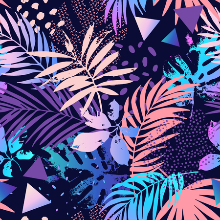 Cool modern illustration with tropical leaves, grunge textures, doodles, geometric, minimal elements. Creative gradient seamless pattern. Abstract botanical art backgroundの写真素材