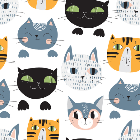 Cute cats muzzles seamless pattern. Artistic nursery background. Childish art illustration for kids design, fabric, wrapping, textile, scrapbooking etcの写真素材