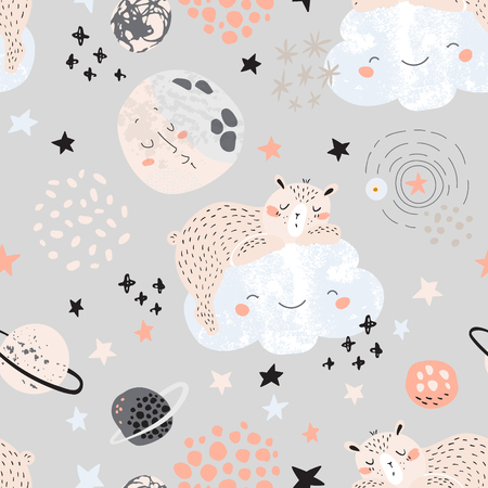 Little baby bear sleeping on smiling cloud in scandinavian color style. Night dream Illustration of teddy bear, moon, planets, stars on doodle background. Artistic nursery seamless patternの写真素材