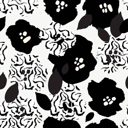 Abstract floral seamless pattern with grunge textured flowers in black, white monochrome colors. Creative artistic collage background. Digital art for surface design, fabric, gift wrapping, wallpaperの写真素材