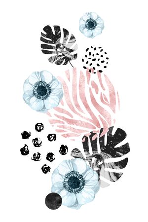 Watercolor Anemones flowers on geometric  with marbling, doodle textures, animal print.の写真素材