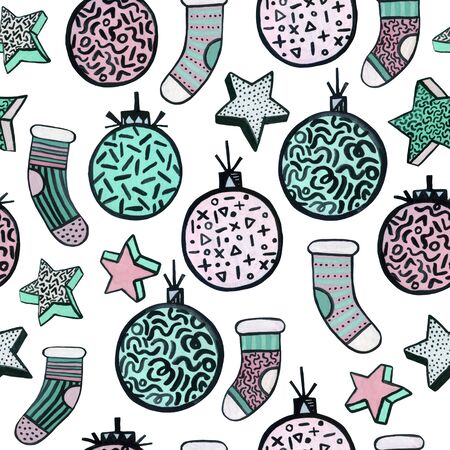 Christmas watercolor seamless pattern in minimal memphis style with stars, socks, balls. Trendy design for celebration background, wallpaper, wrapping paper, wallpapers. Hand drawn art illustrationの写真素材