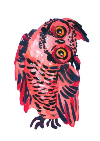 Cute cartoon owl isolated on white background. Watercolor bird illustration for nursery poster, t-shirt design. Little owl with funny expressionの写真素材