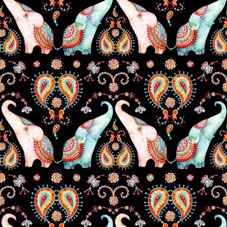 Tribal  seamless pattern: elephant, paisley ornament. Ethnic indian elephants background. Hand drawn illustration for prints, wallpaper, cloth design, fabric, paper, textile, nursery designの写真素材