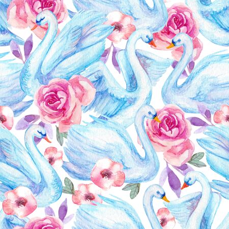 Watercolor cute swan lake seamless pattern. Beautiful birds with rose flowers, leaves on light background. Hand drawn illustration for nursery design, childish wallpaper, spring printの写真素材