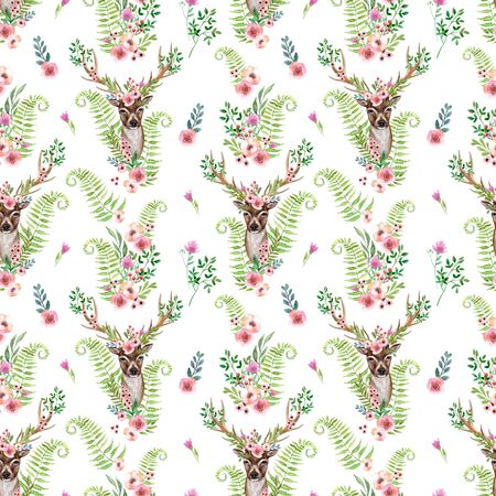 Cute watercolor deer portrait in floral wreath on wild flowers background. Woodland seamless pattern with blooming flowers and leaves. Hand painted illustration for nursery design, fabrics, textileの写真素材